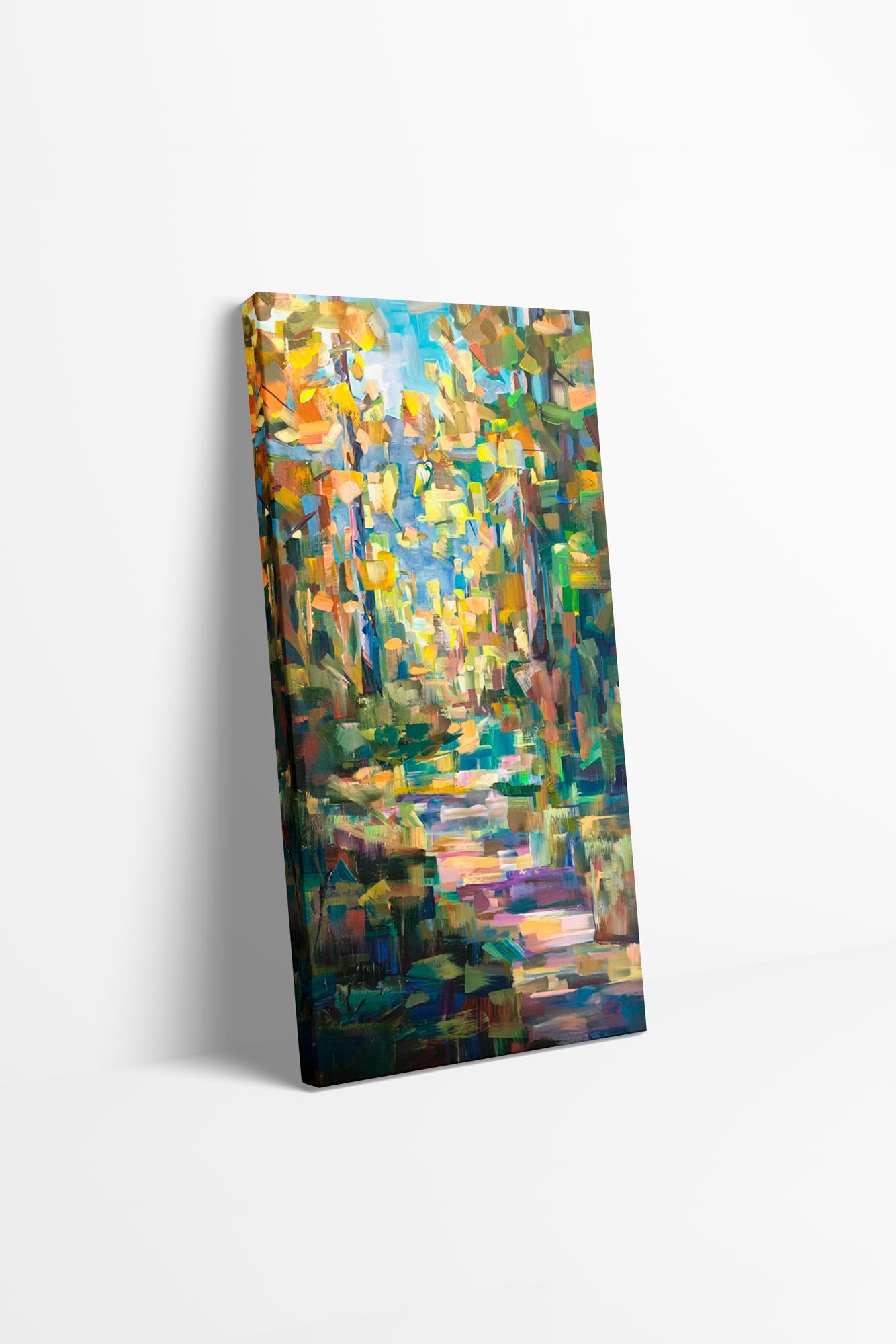 An autumn trees fall landscape wall art canvas hangs on a white wall. The artwork is a painting titled "A Walk Through the Leaves" by PNW Artist Brooke Borcherding.