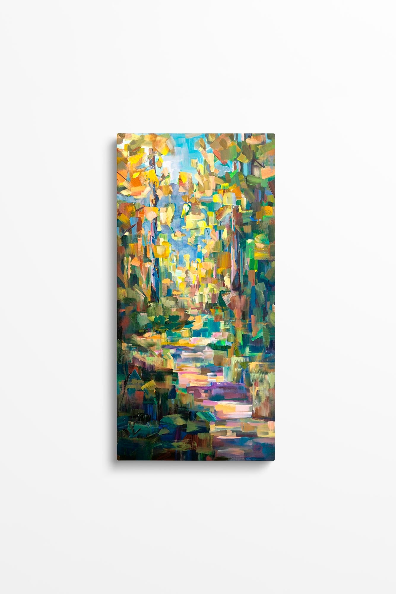 An autumn trees fall landscape wall art canvas. The artwork is a painting titled "A Walk Through the Leaves" by PNW Artist Brooke Borcherding.