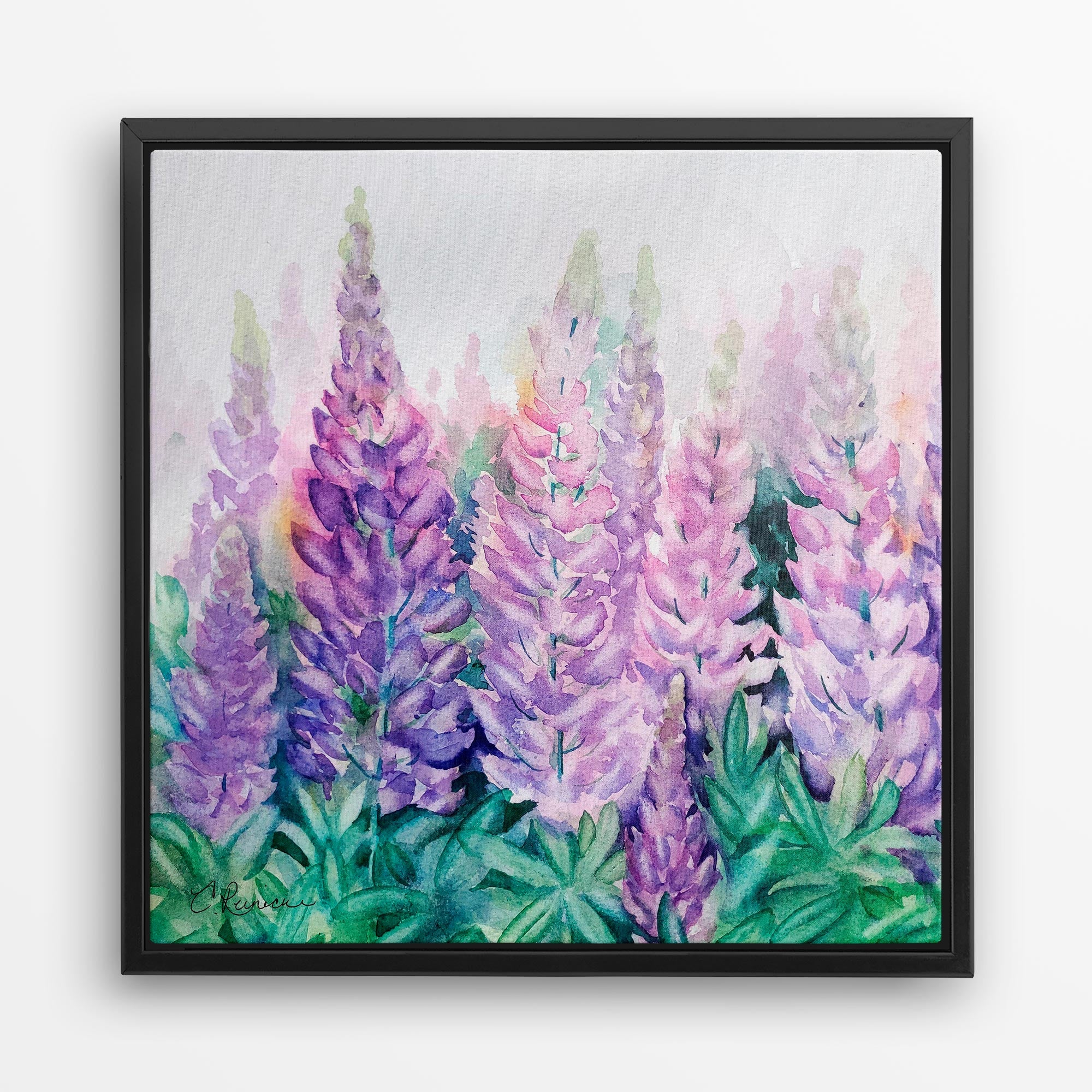 A gold-framed wall art canvas of a lupine wildflower print. The print is of a group of lupine wildflowers in various shades of purple and blue. The flowers are in a field of green leaves. The background is black. The image is signed by the artist, Conni Reinecke in the bottom left corner.