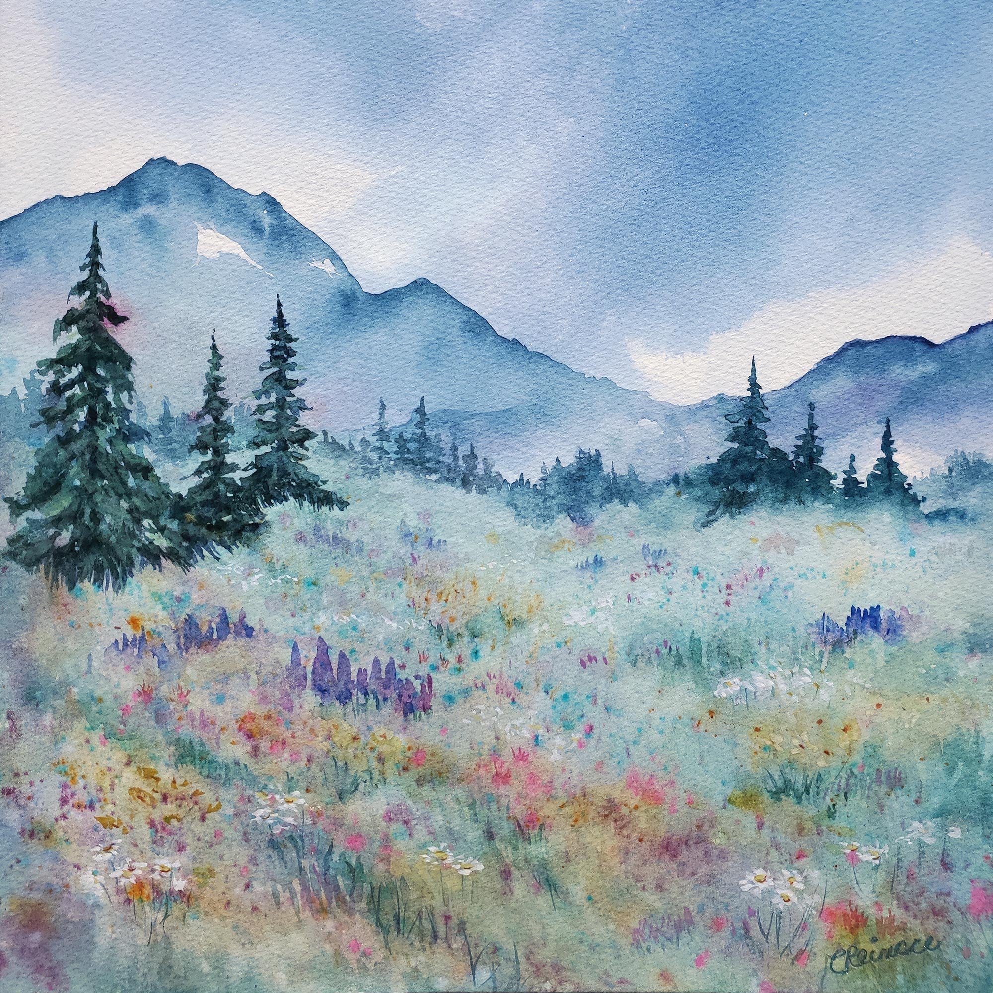 Wildflower Meadow Painting Mountain Art Canvas by Conni Reinecke