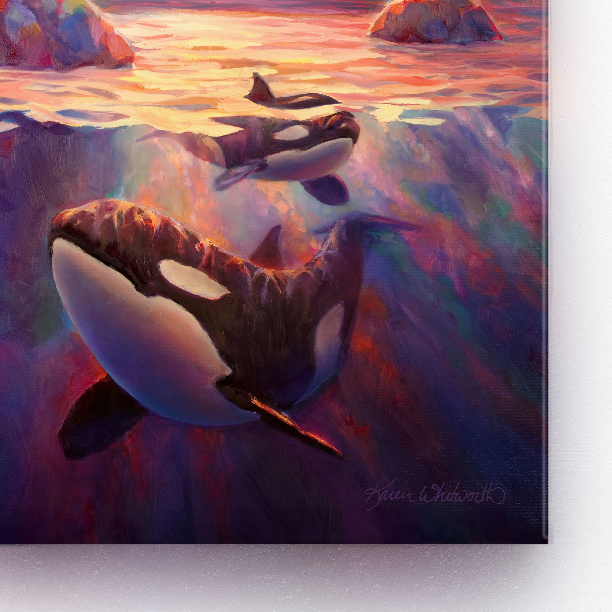 Orca Sunrise Canvas Wall Art Print by Karen Whitworth