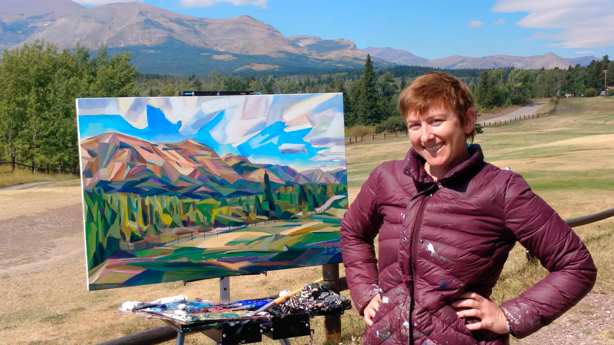 PNW Landscape Artist Brooke Borcherding with Canvas Painting and Easel