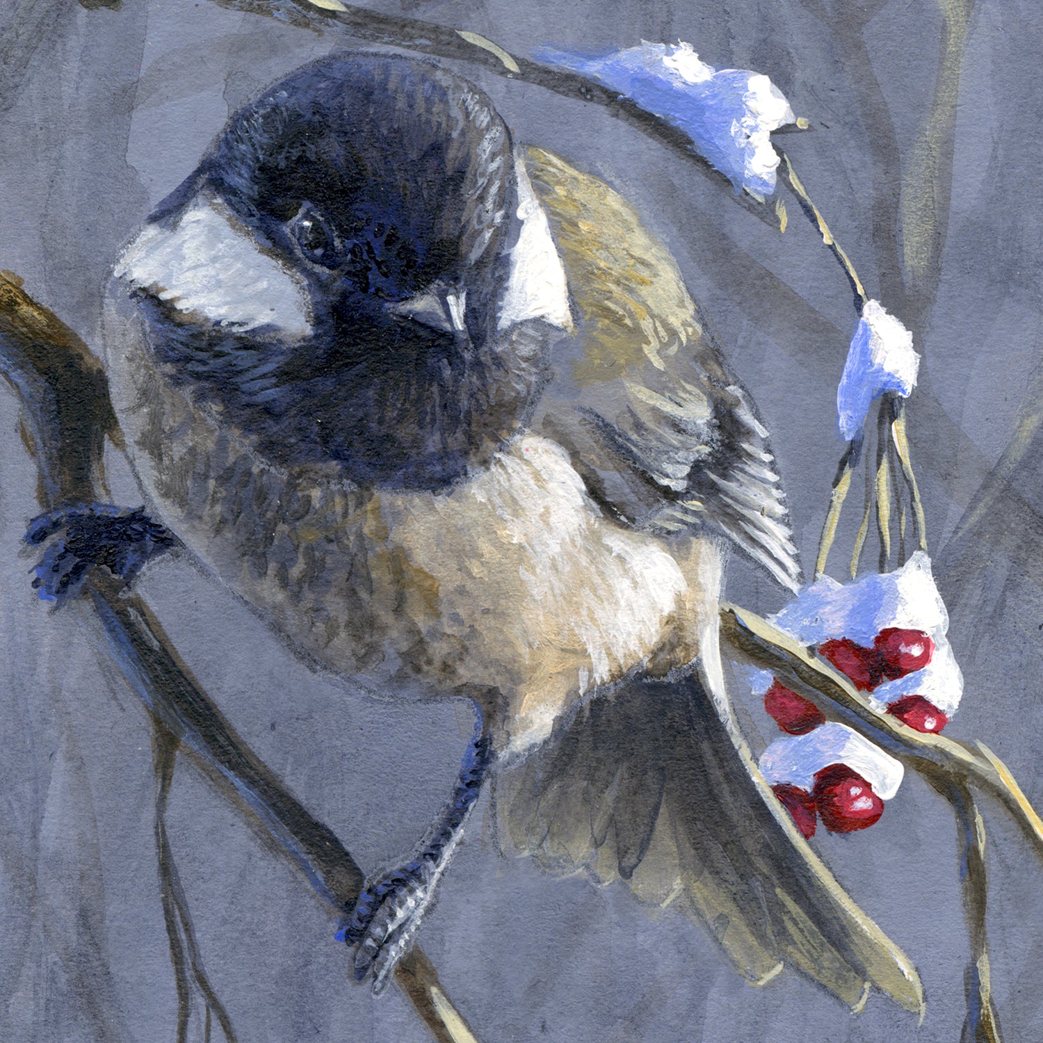 Chickadee Wall Art Canvas Prints - Set of Winter Bird Paintings by Karen Whitworth