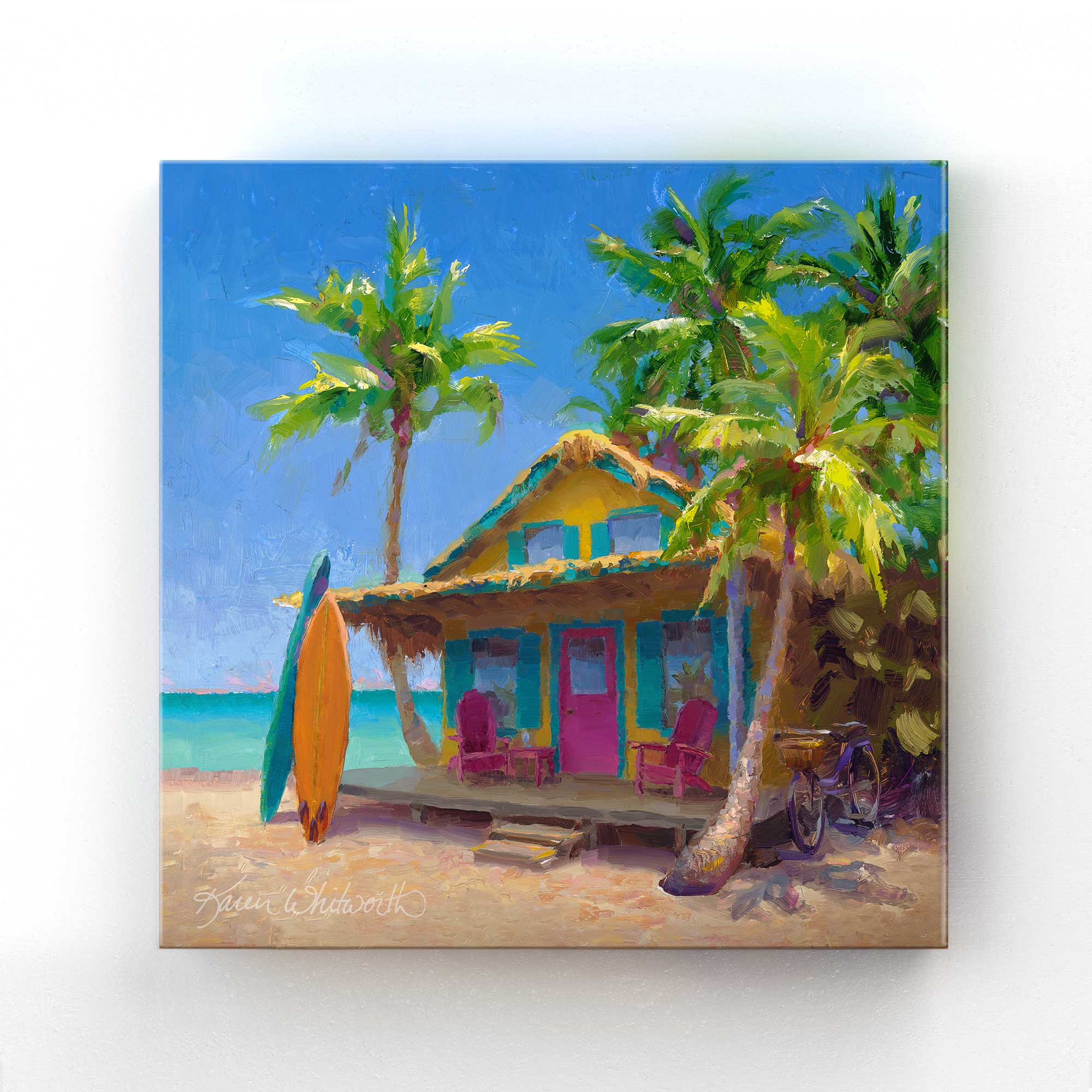 Surf Shack Painting of Beach House and Surf Boards Canvas Art Print by Karen Whitworth