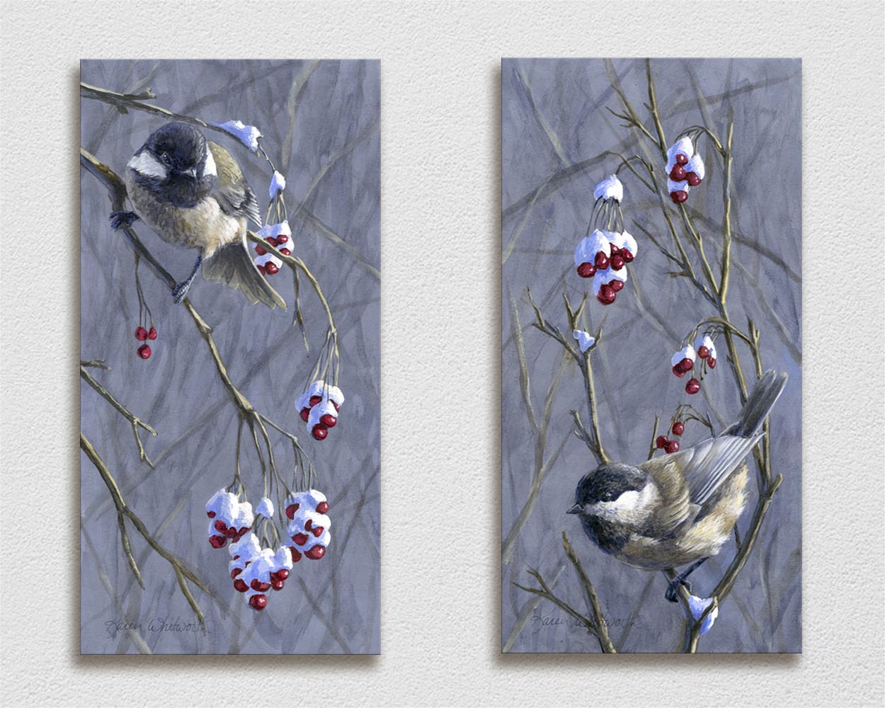 Chickadee Wall Art Canvas Prints - Set of Winter Bird Paintings by Karen Whitworth