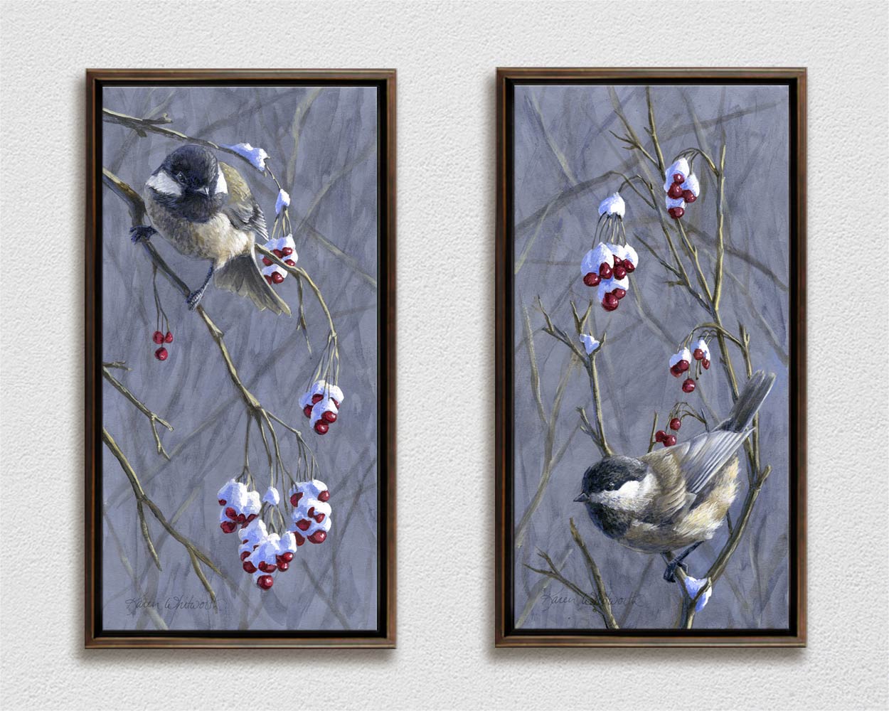 Chickadee Wall Art Canvas Prints - Set of Winter Bird Paintings by Karen Whitworth